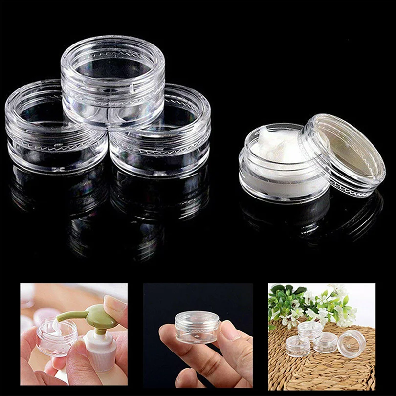 Vazio Plástico Cosméticos Maquiagem Jar, Garrafas de Amostra Transparente, Sombra Face Cream Lip Balm Container, 3g Pots, 10-100Pcs