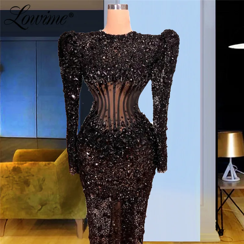 2021 Luxury Illusion Black Beaded Dubai Evening Dresses Saudi Arabia Party Dress For Weddings Robe De Soiree Celebrity Dresses