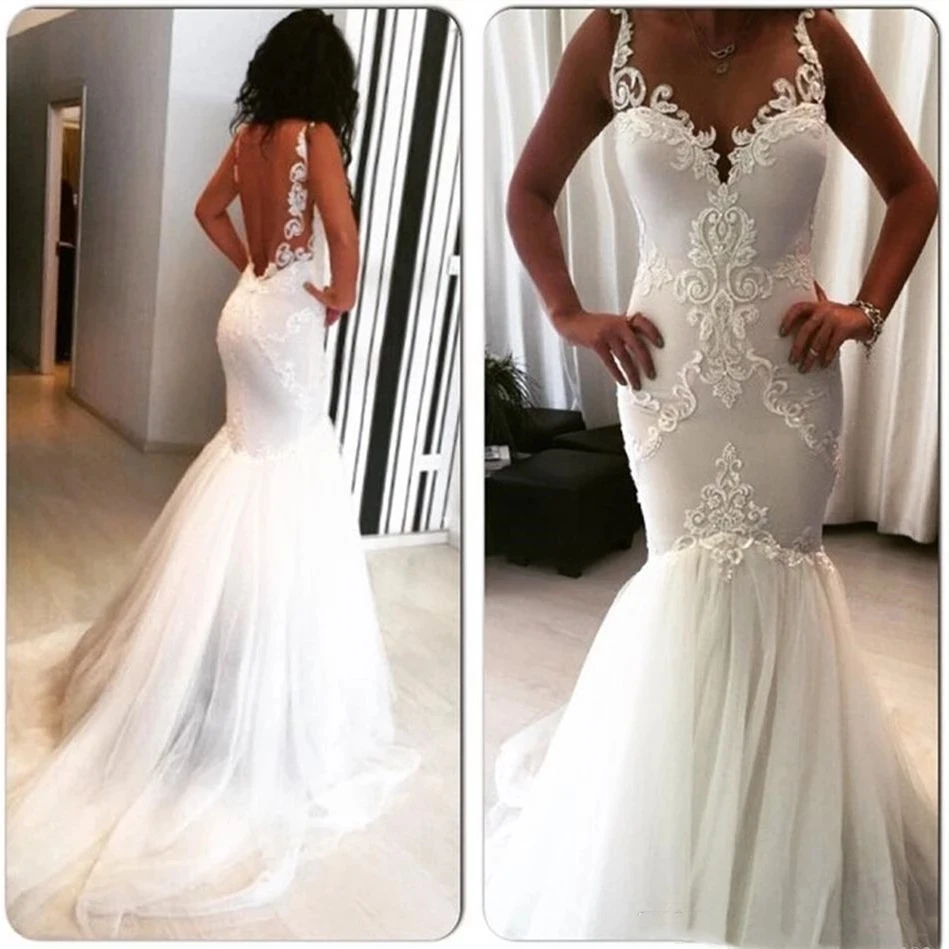 Sexy Mermaid Wedding Dresses Backless Spaghetti Straps Applique Lace Tulle 2024 Beach Summer Bridal Gowns Robe De Mariee Custom