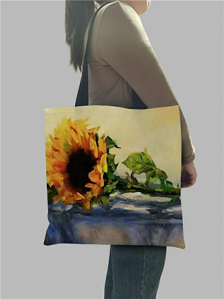 Excellent Bolso Shoulder Bags Oil Painting Style Sunflowers Handbag Eco Linen School Work Daily Use Casual Shopping Totes