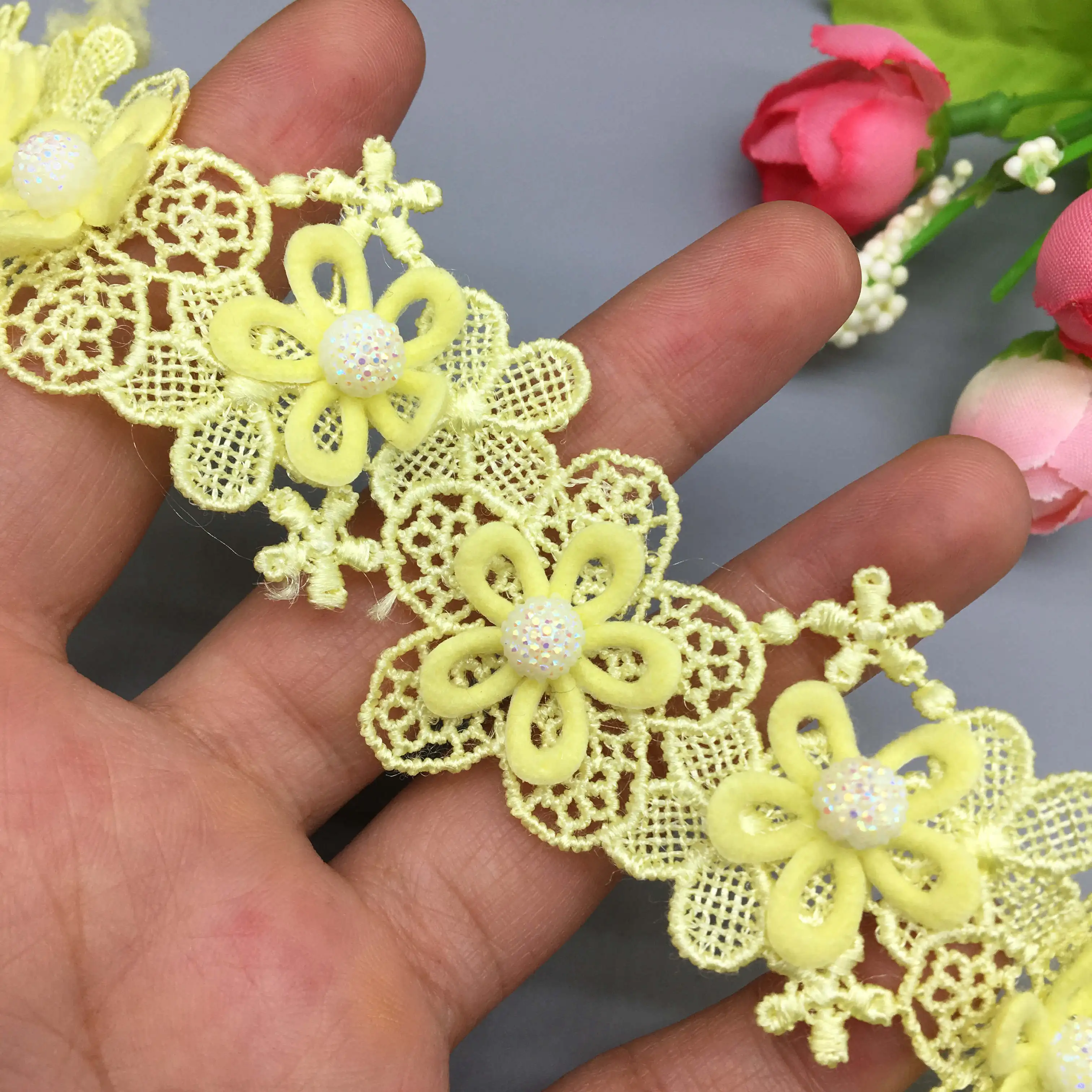 1 Thước 3.5Cm Màu Vàng Phối Băng Ren Ngọc Trai Hoa Thêu Viền Ren Táo Vải Handmade DIY Áo Cưới May Thủ Công