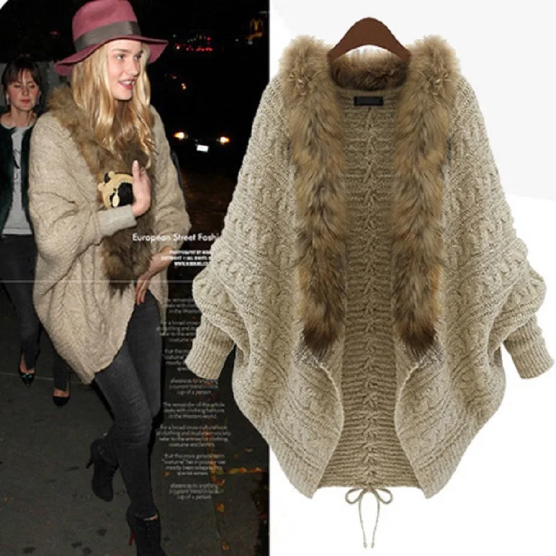 Women\'s Fur Collar Bat Sleeve Knitted Cardigan Loose Sweater Coat