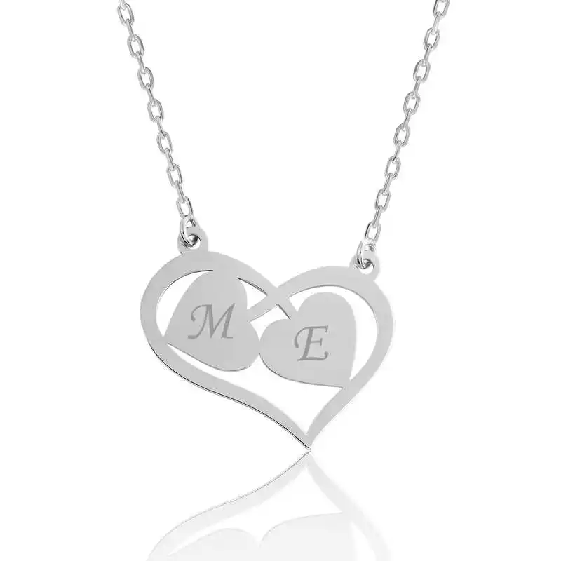 Silver Letter Teamed Hearts Personalized Necklace Women 925 Sterling Fine Jewelry Wedding Party Birthday Gift - Box - Pendant - Chain Choker - Female - Ladies - Fashion