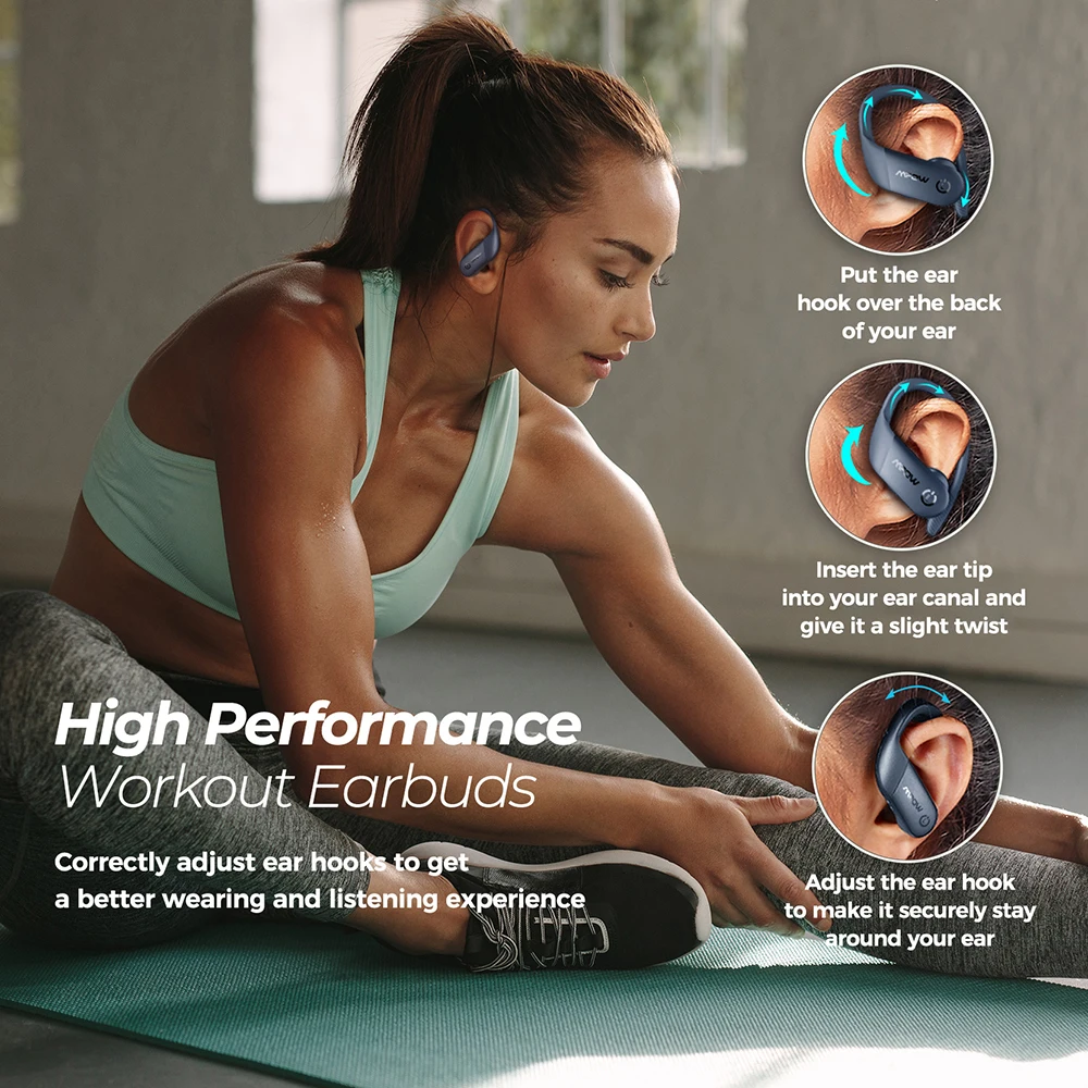 Mpow لهب لايت سماعات لاسلكية الرياضة بلوتوث سماعات مع باس زائد الصوت IPX7 مقاوم للماء التحكم باللمس الأذن سماعة أذن خطافية