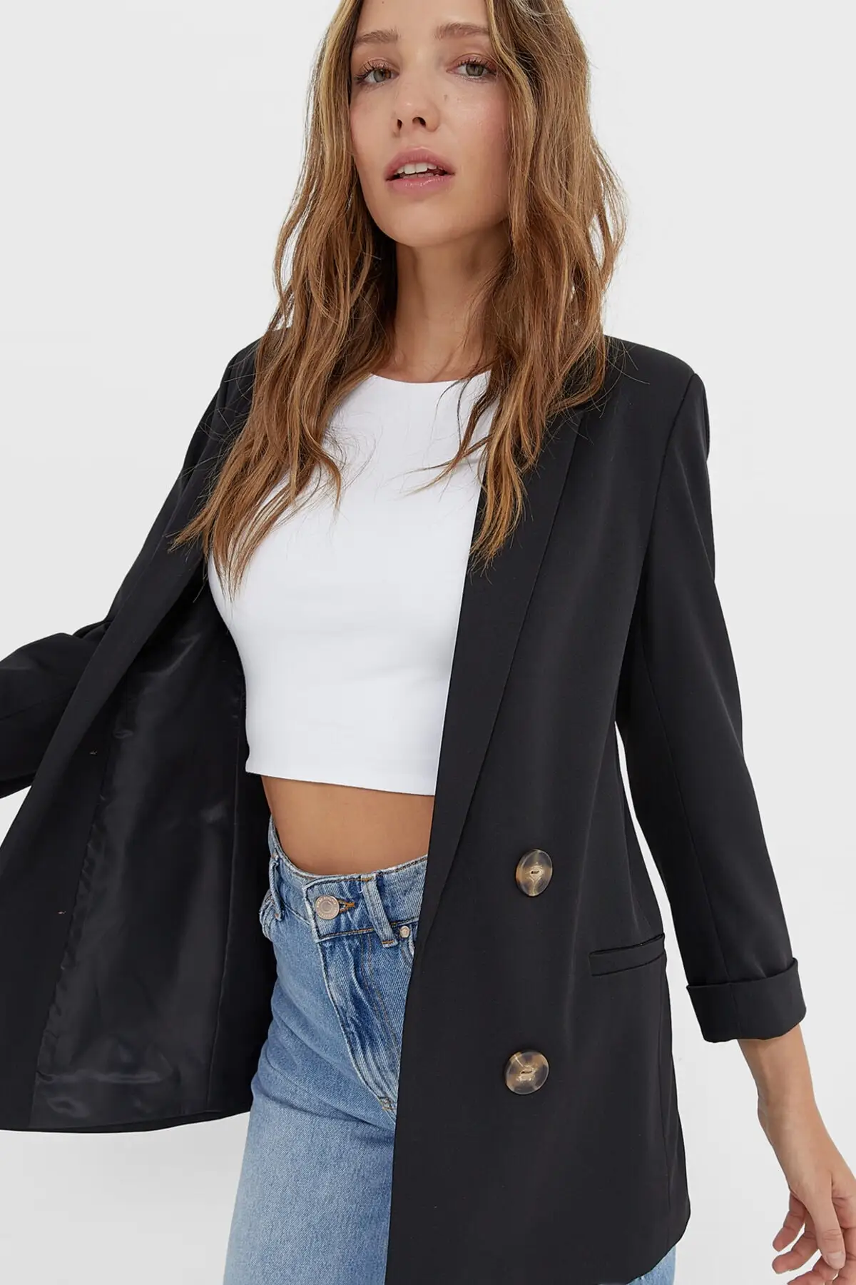 Women's Black Double Breasted Cutout Blazer Jacket Product Specification Material: Polyester Pattern: Solid Color Mould: regular Sleeve Type: Long