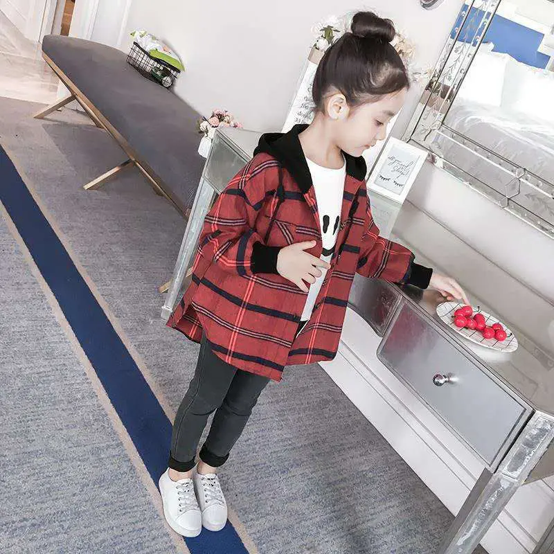 Spring Autumn Thick Girls Jackets plaid Kids Outerwear Letter  Hoodied Coats Children Clothing Teenager Trench Coat 6 8 10 12y