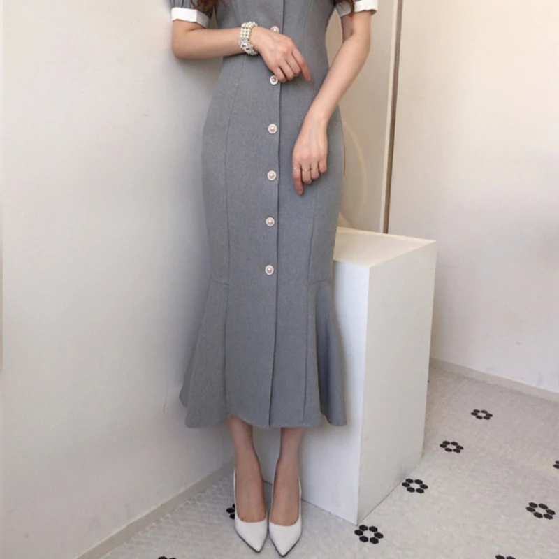 Chic Korean Slim Summer Elegant Puff Short Sleeve Turn Down Collar Contrast Single Breasted Mermaid Dress Women Vestido Sexy