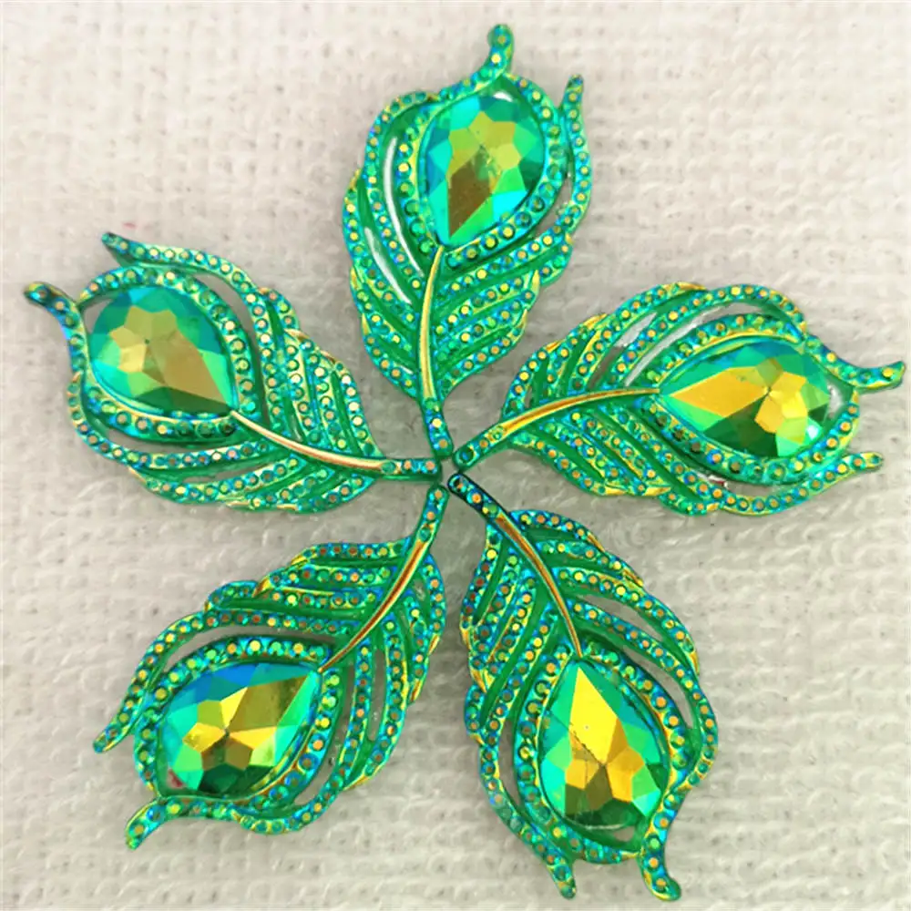 Hot 6PCS 20*38mm AB Resin 3D Peacock Feathers Flatback Rhinestone Wedding DIY Buttons