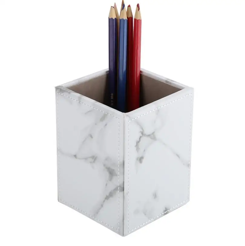 XRHYY Multi Colors PU Leather Square Pens Pencils Holder Cup Desktop Stationery Organizer Case Office Accessories Container Box