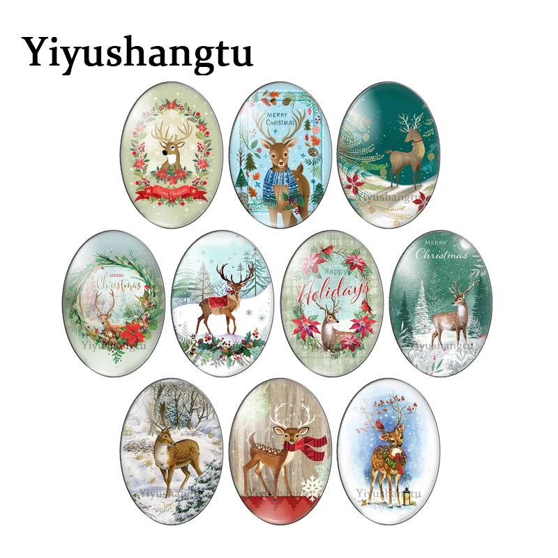 

Cartoon flower deer merry christmas 10pcs mixed 13x18mm/18x25mm/30x40mm Oval photo glass cabochon flat back Making findings