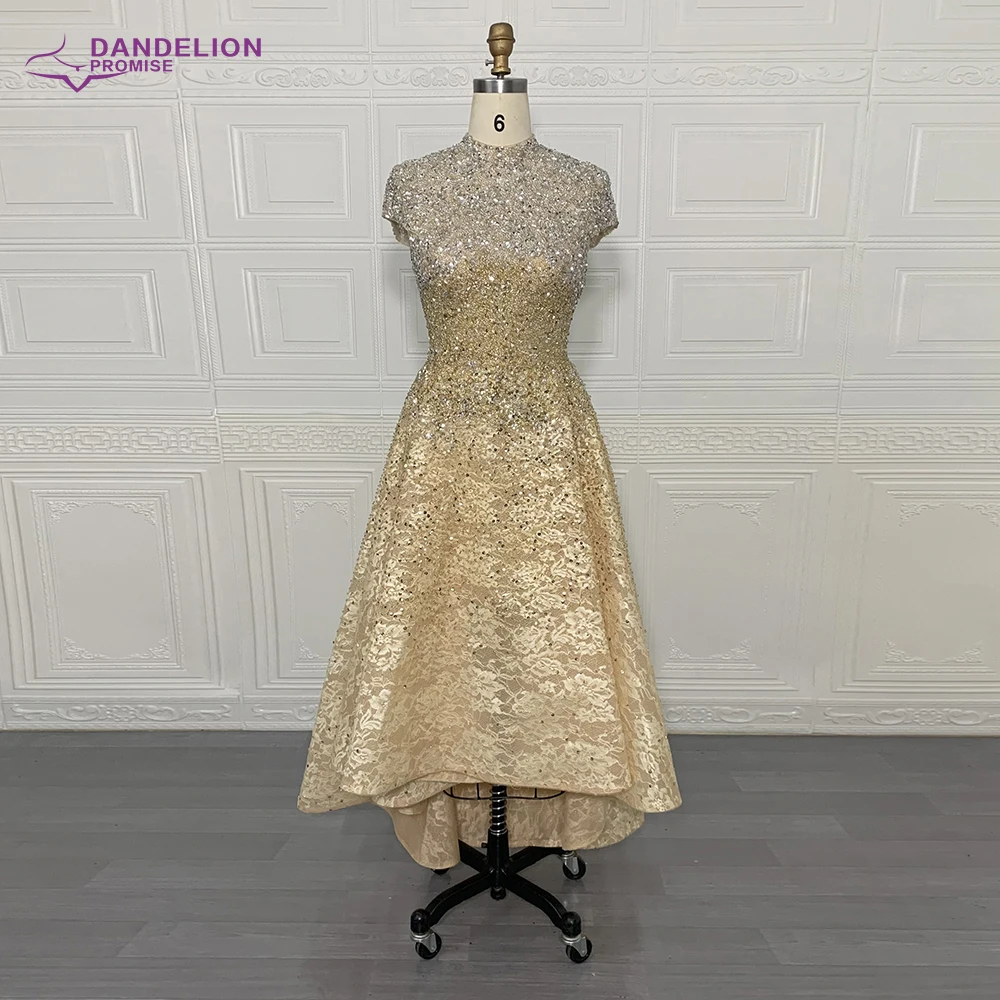 Luxury Gold Evening Dress  2020 High Neck Cap Sleeves  A-Line Lace Beads Handmade Prom Formal Party Gowns