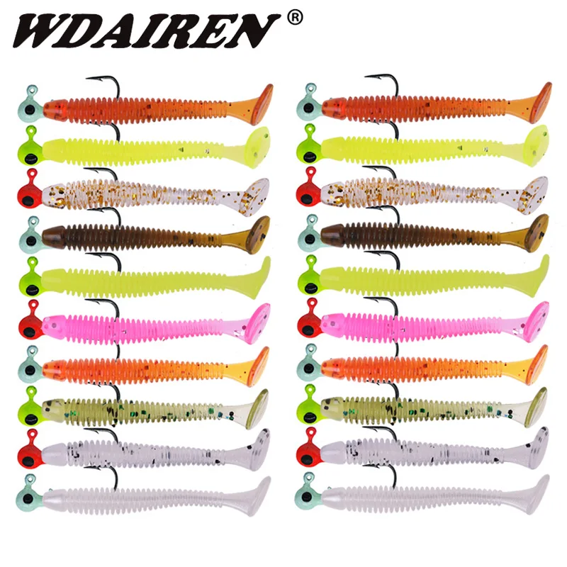 110pcs/Lot Fishing T Tail Worm Soft Lure Set Artificial Silicone Baits With Lead Jig Head Fishhook Carp Bass Fishing Tackle Kit