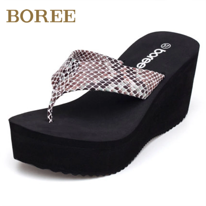 Boree Summer Flip Flops Slippers Womans Platform Shoes Wedges Thick Beach Slipper Outdoor Non-slip Snake Print Woman Slippers
