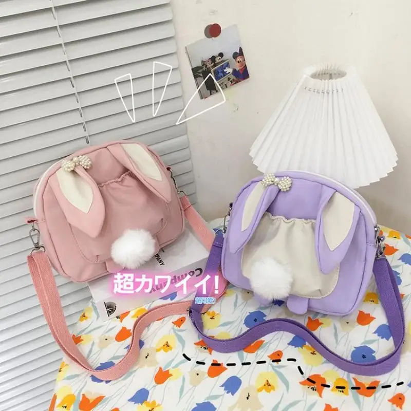 2021 Summer Cute Shoulder Bag Female Japanese College Style Funny Personality Rabbit Ear Hair Ball Student Messenger Bag