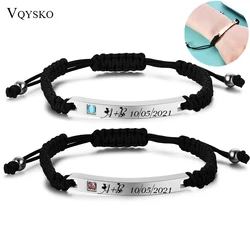 Customized Words Bar Couple Bracelets for Women Men Stainless Steel Name Date Engraved Jewelry Bangles Braided Lovers Gifts