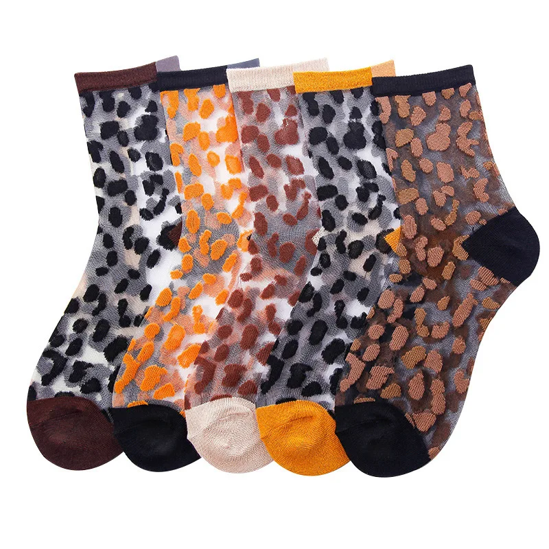 Sexy Transparent Crystal Silk Socks Women Lady Leopard Fashion Casual Japanese Harajuku  Streetwear Animal Print  Vintage Black