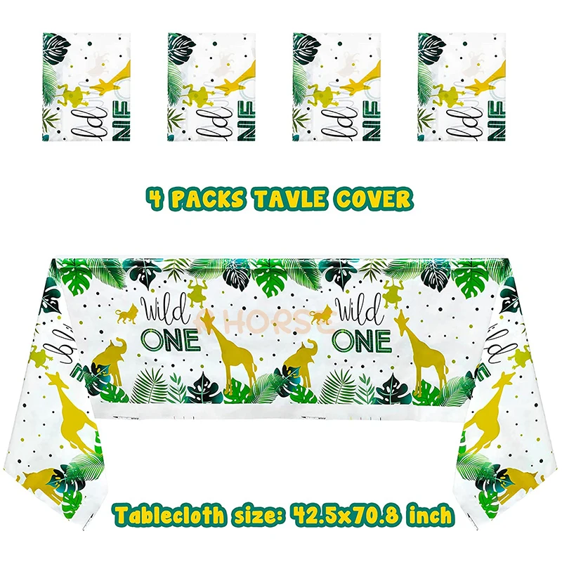 4Pcs Wild One Year Old Birthday Tablecloth Favor Party Decor Waterproof Tropical Theme Table Cover Picnic Supplies for Kids