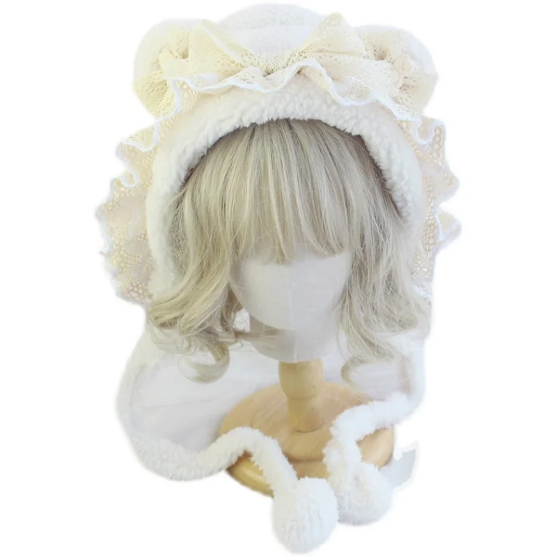 Lambswool Cute Bear Ears Plush Hat Lolita Lace Sweet Cute Pullover Bear Hat