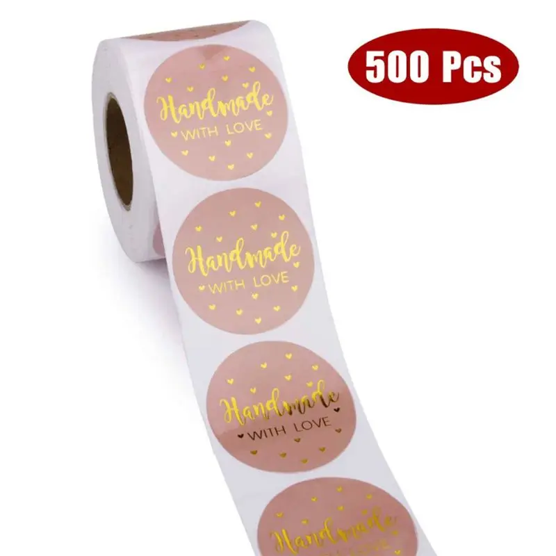 500pcs/roll Handmade with Love Stickers with Gold Foil Round Seal Labels Handmade Scrapbooking