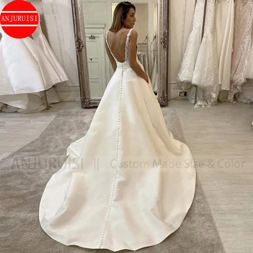 Imagen 2 del producto Vestido De novia blanco De satén con cuello De pico profundo, estilo bohemio, con bolsillo, apliques simples, 2022
