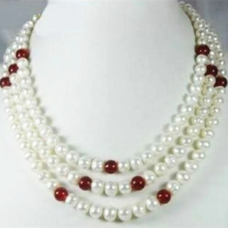 Fashion 3rows 7-8mm natural white freshwater cultured round pearl red chalcedony beads necklace women jewelry 17-19inch BV367