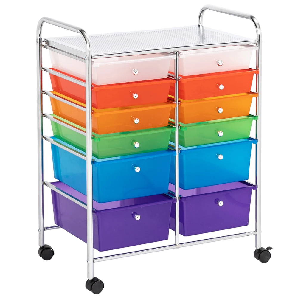 Multi-Color 12 Drawers Rolling Organizer Storage Cart Double Row Upper 8 Small Lower 4 Big Steel&Plastic Durable[US-Stock]