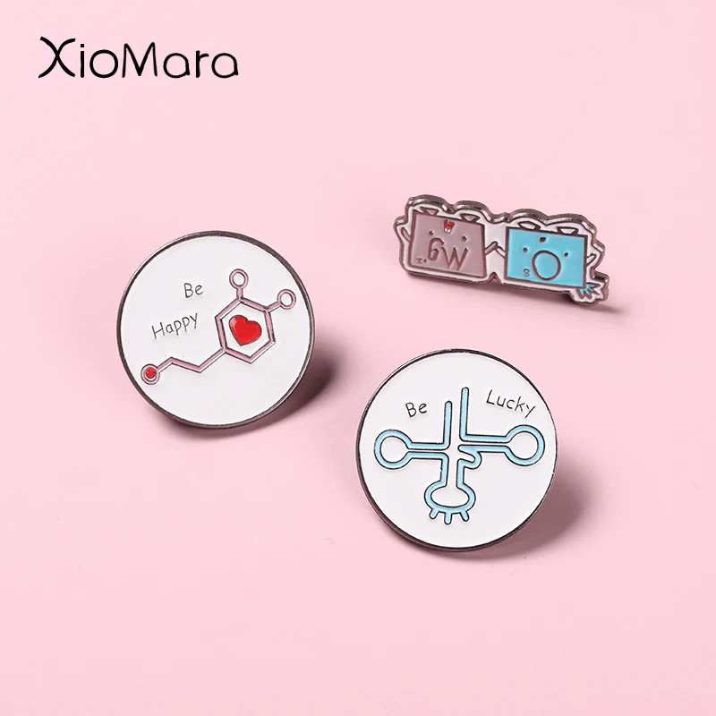 Be Happy Dopamine Transfer Lapel Pins Heartbeat Brooches Molecular Element Badges Collar Jewelry Gifts For Graduates Of Graduate