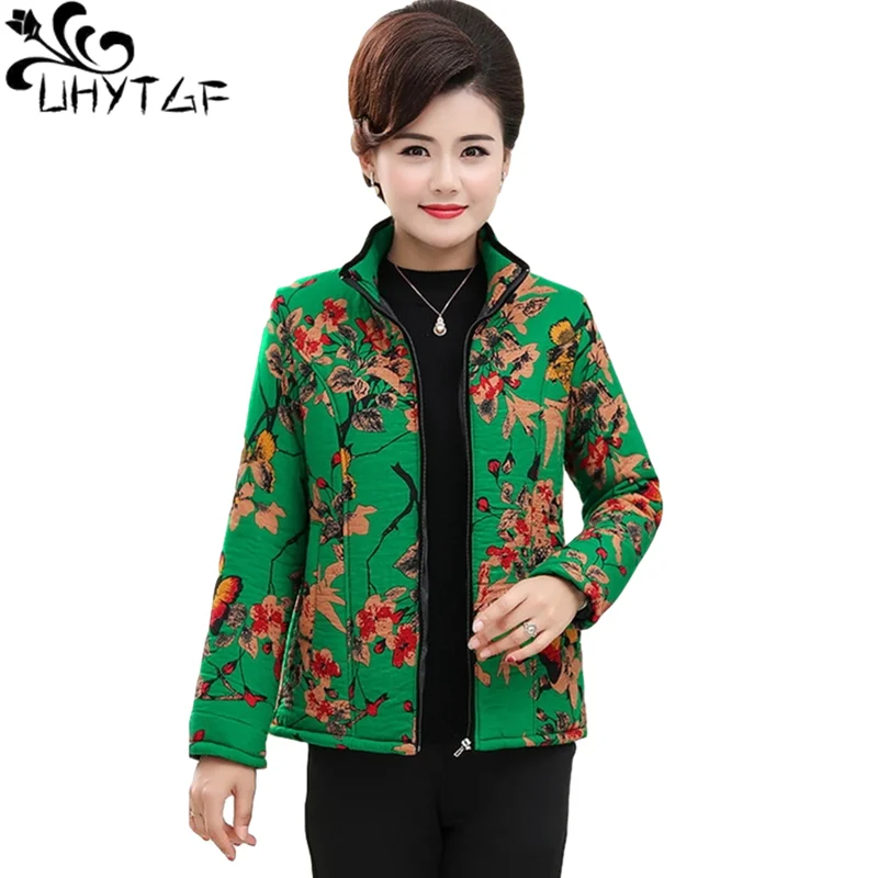 

UHYTGF Women Jacket Fashion Printed Casual Warm Autumn Winter Cotton Coat Elegant Mom Loose 5XL Big Size Tops Parker Female 1919