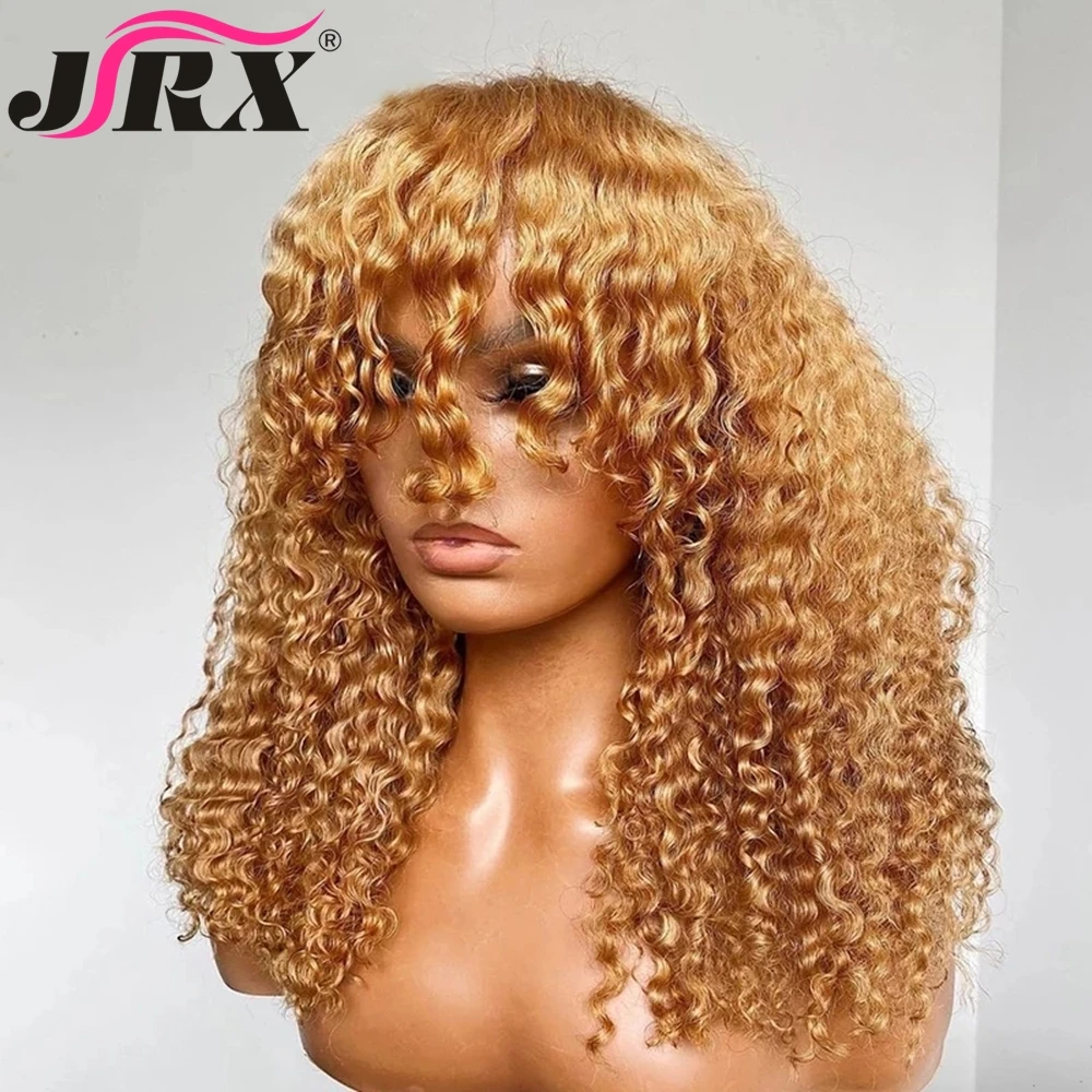 Perruque Bob Péruvienne Naturelle Remy avec Frange pour Femme, Cheveux Courts Crépus et Bouclés, Blond Miel, Faite à la Machine