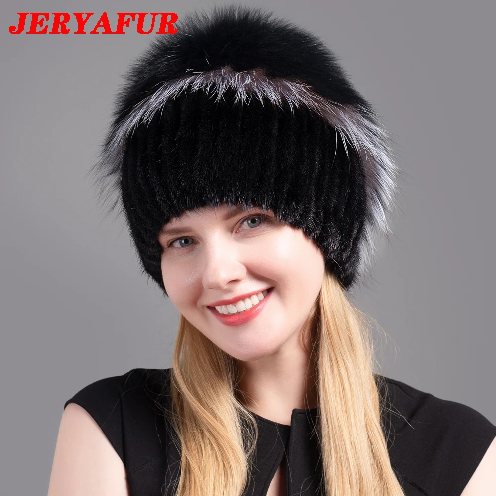 

JINBAOSEN Fur Women Winter Fashion Hat Natural Rabbit Mink Fur Genuine Fox Knitted Wool Ski Hat Warm Ear Protection Trave