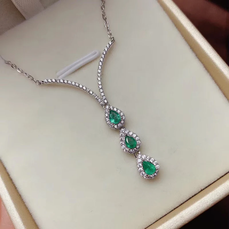 CoLife Jewelry Fashion Silver Emerald Necklace for Party 3 Pieces 3*4mm Natural Emerald Necklace 925 Silver Emerald Jewelry