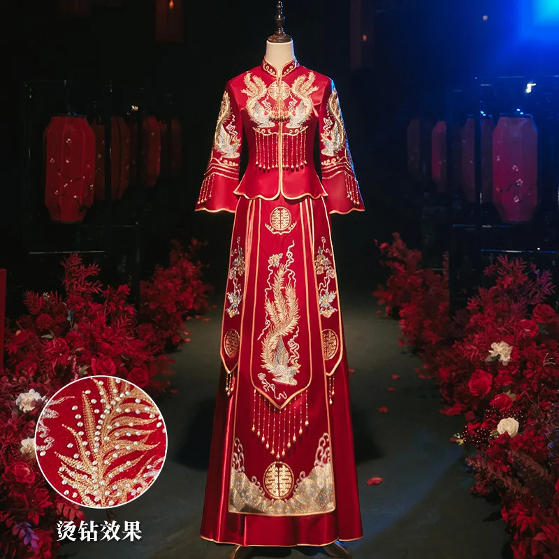 Traditional Tassel Embroidery Phoenix Bride Groom Wedding Dress Retro Chinese Refined Stylish Marry Cheongsam Свадебное платье