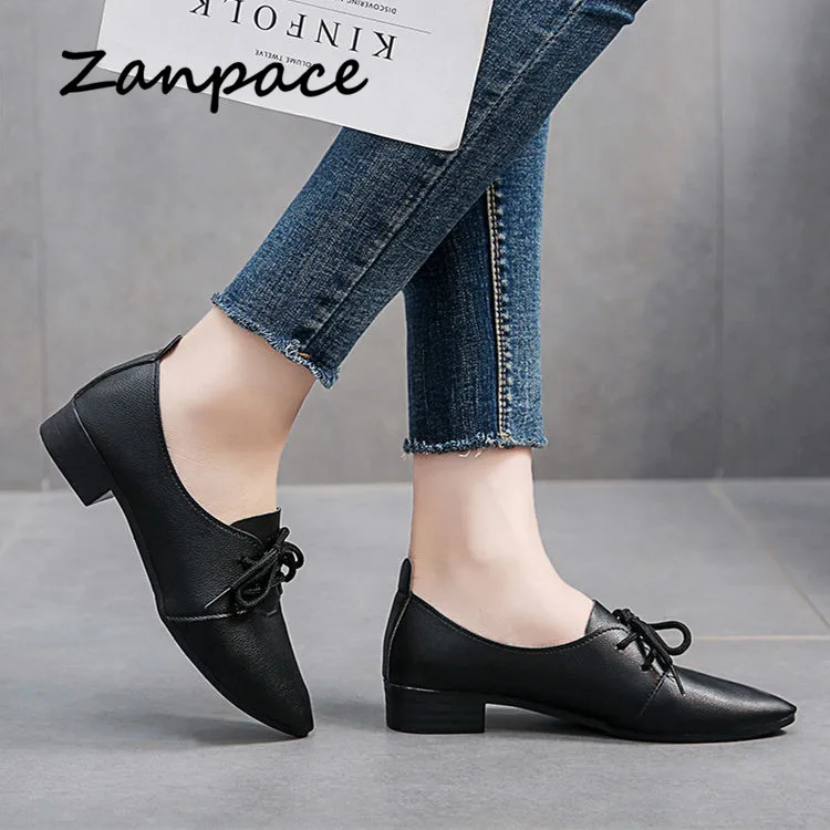 ZANPACE Autumn Casual Women Shoes Pointed Toe Lace-Up Leather Low Heel Shoes Loafers Slip on Female Spring Platform Shoes