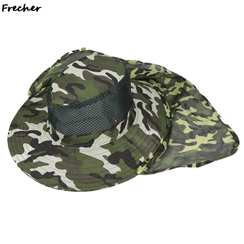 Sombrero de pesca de ala ancha para hombre, gorra de malla transpirable, sombreros de playa de camuflaje, protección solar UV, sombra