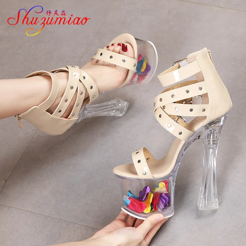 Women Hollowed Out Cover Heel Sandals Buckle Strap Devise Transparent LED Light Glow Petals Platform Steel Tube Dancing Shoes