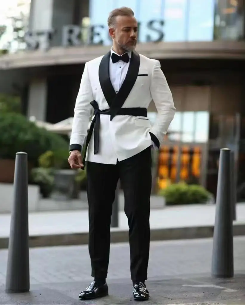 

Tailor made fashion White wedding suits men formal double breasted slim fit stage performance casual Blazer Jackets black pants