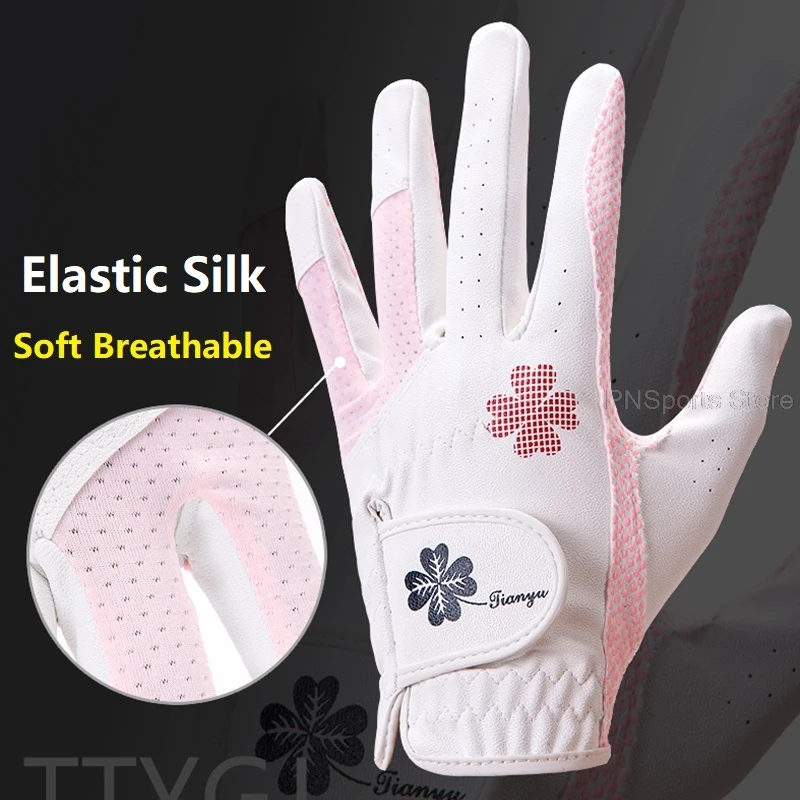 1 Pair Golf Gloves Women Pu Leather Left Hand + Right Hand Soft Sports Gloves Lady Girls Granules Anti-Slip Breathable Mittens