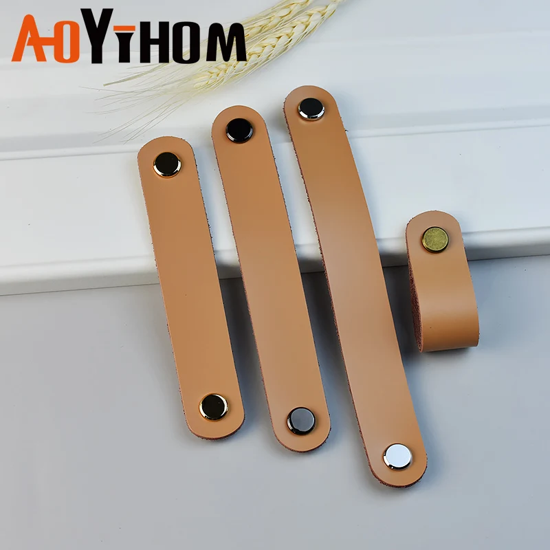 AOYIHOM Retro Style Khaki Kitchen Furniture Handle American Leather Drawer Dressing Table Knob Shoe Cupboards Wardrobe Door Pull