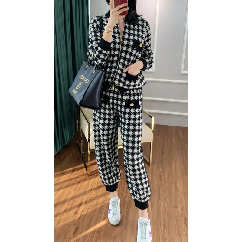 Houndstooth Wool Knit Cardigan Jacket Coats Two-piece Set Women Autumn Winter Elasticated Waist Pants Fashion Set tracksuit