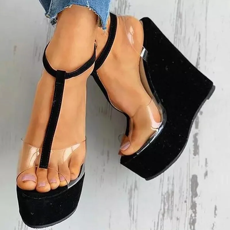 Sexy Wedge Sandals Peep Toe Clear PVC T Strap Wedge Shoes Cut-out Black Suede High Platform Summer Shoes Customized