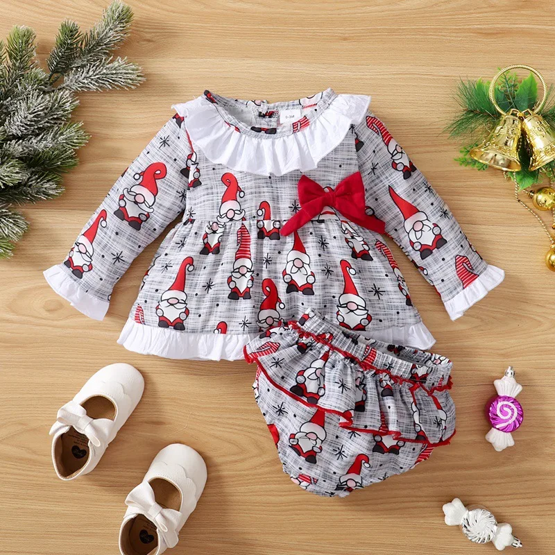 Long Sleeve Christmas Baby Dress Set Ruffle Toddler Girl Outfit Bow Princess Dress Santa Claus Print Bloomers Shorts Party Dress