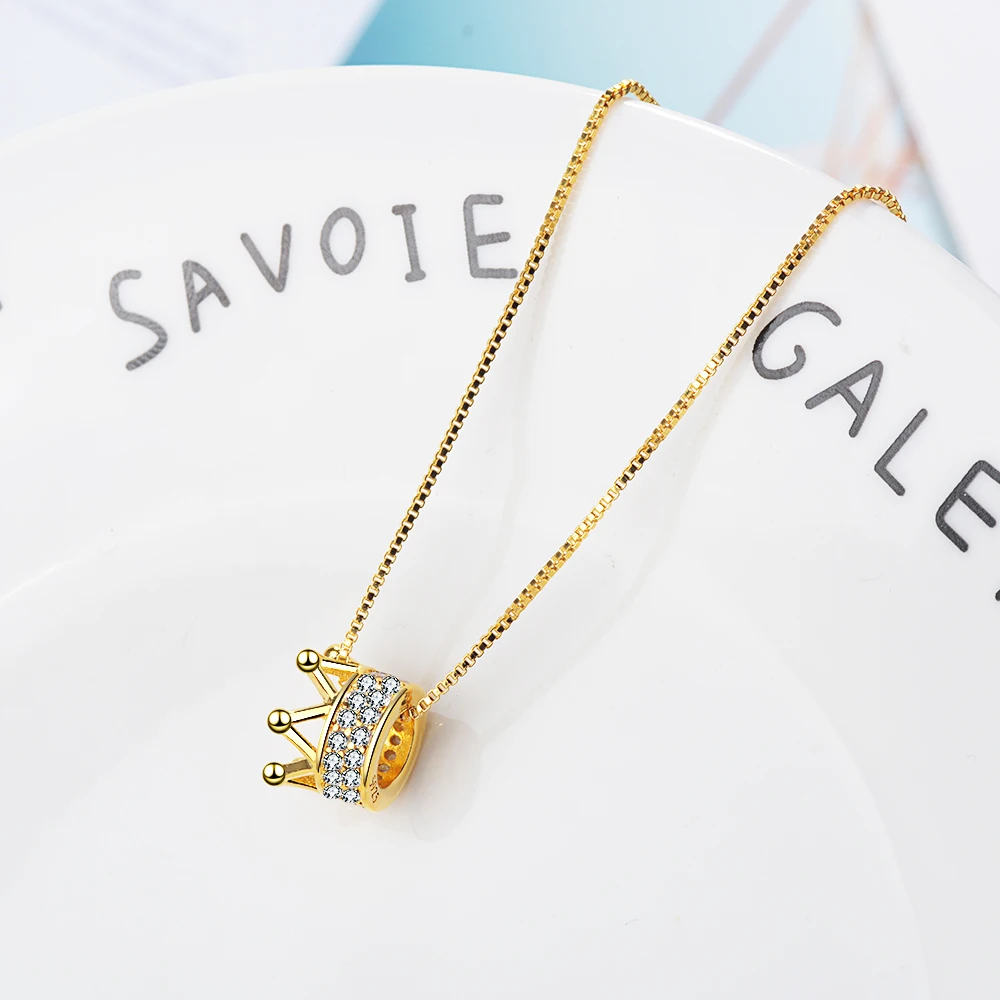 Unique Genuine Silver Color Princess Crown Clear CZ Pendant Silver/Golg Charms Necklaces Chain Fine Jewelry For Women