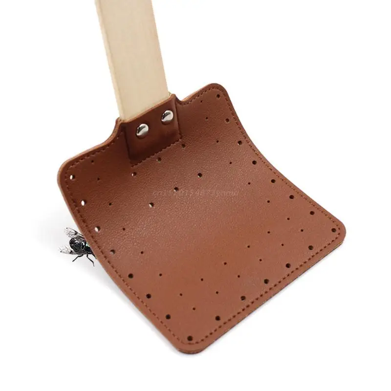 Leather Fly Swatter Fly Swat Heavy Duty Insect Mos-quito Control Rustic Design with Long Wooden Handle