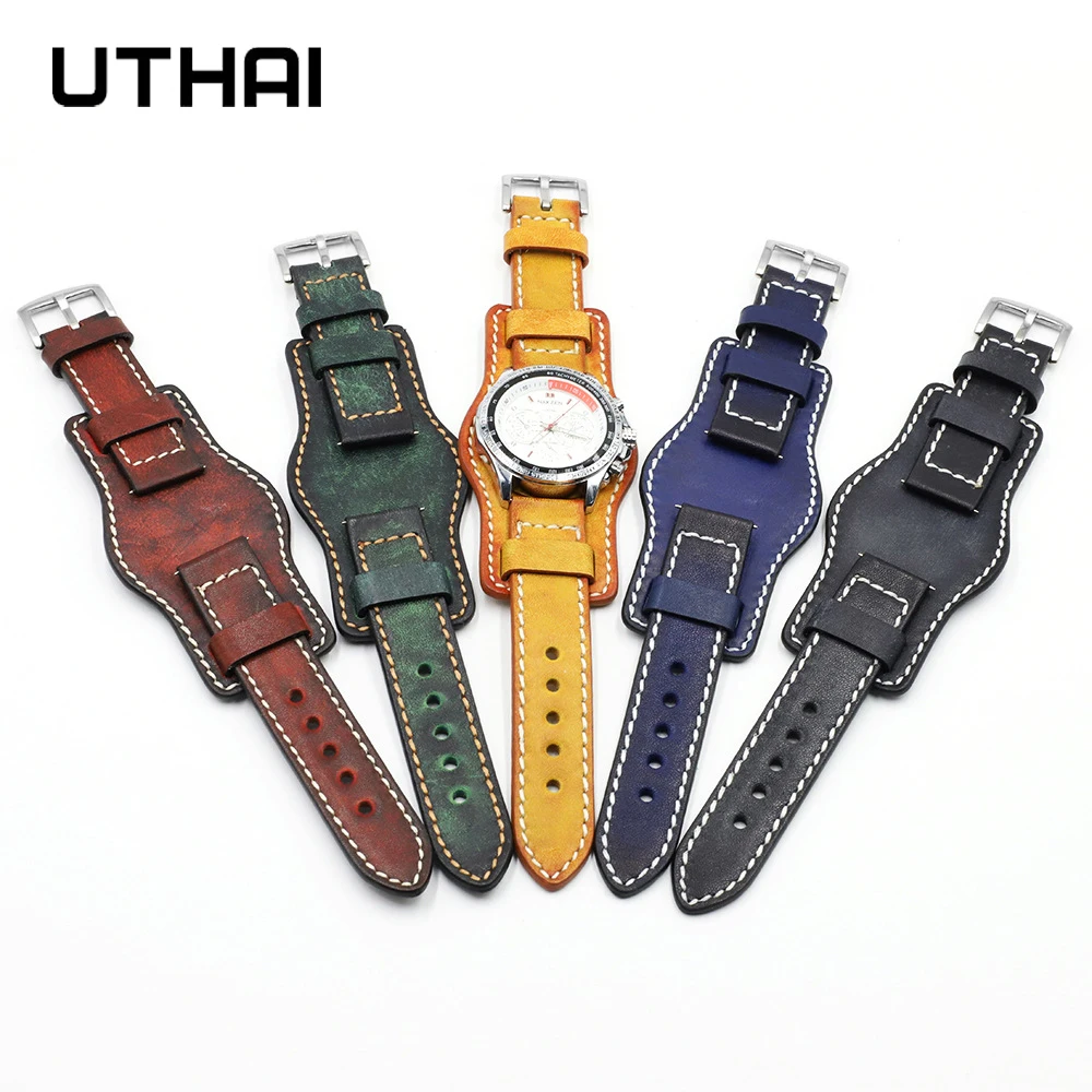 UTHAI G05 cowhide hand-dyed vintage watch strap20mm22mm24mm tray watchband For Huawei watch