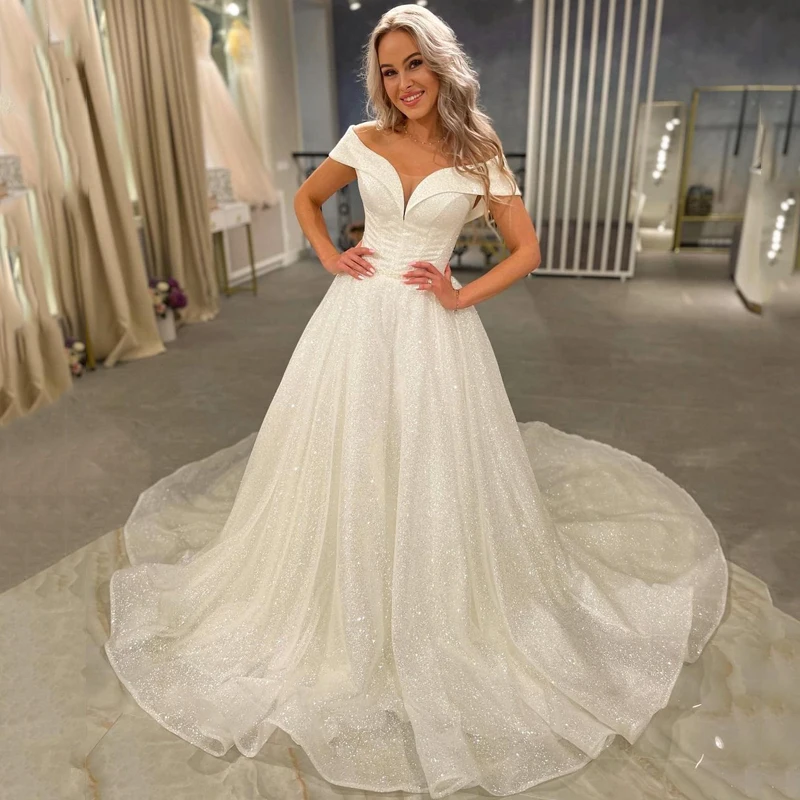 

Eightree White Wedding Dresses Beach Boho Off The Shoulder Princess Bridal Dress Glitter A-Line Elegant Plus Size Wedding Gowns