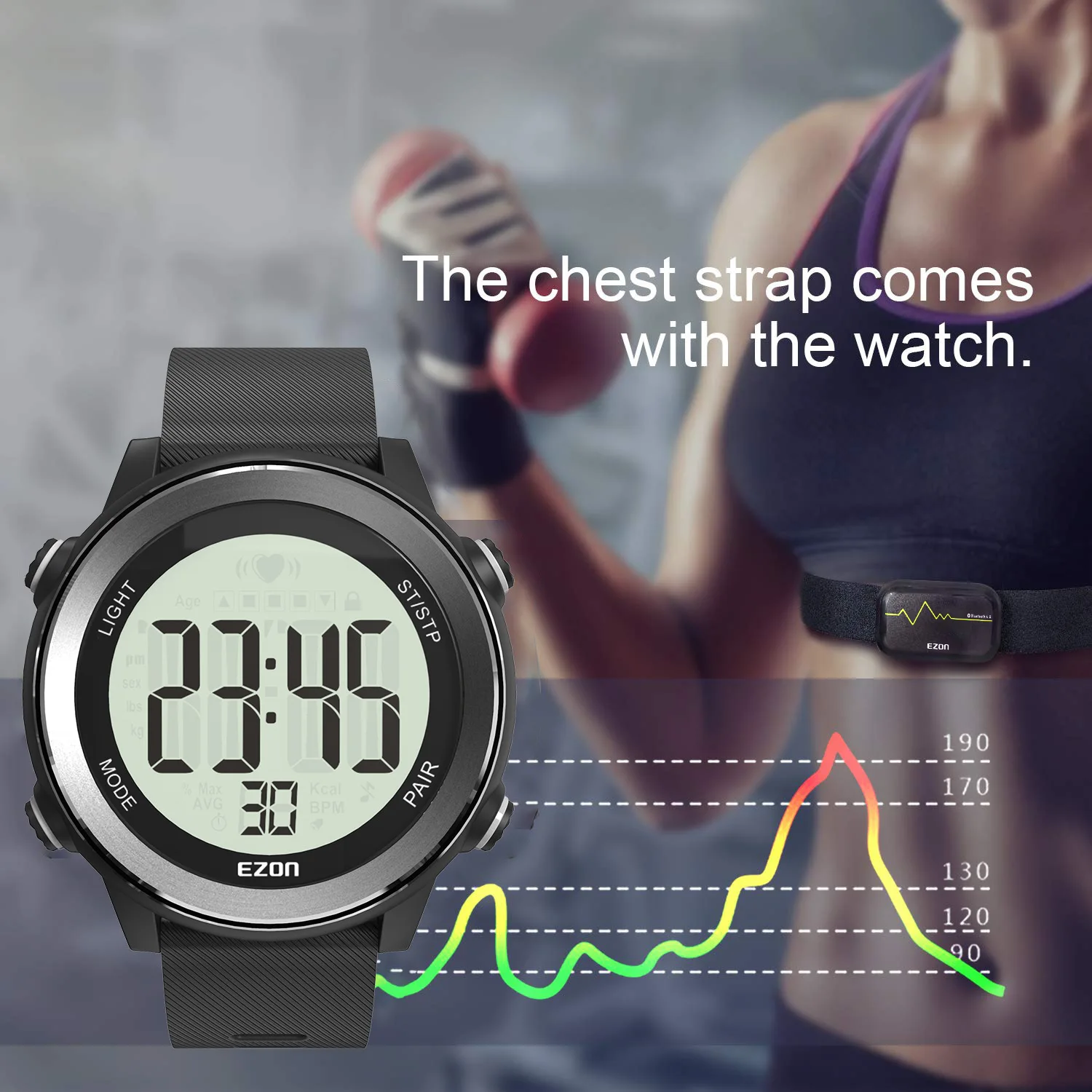 Men\'s Bluetooth Heart Rate Monitor Cycling Digital Watch Alarm Chronograph Calorie Counter Sport Watch with Chest Strap