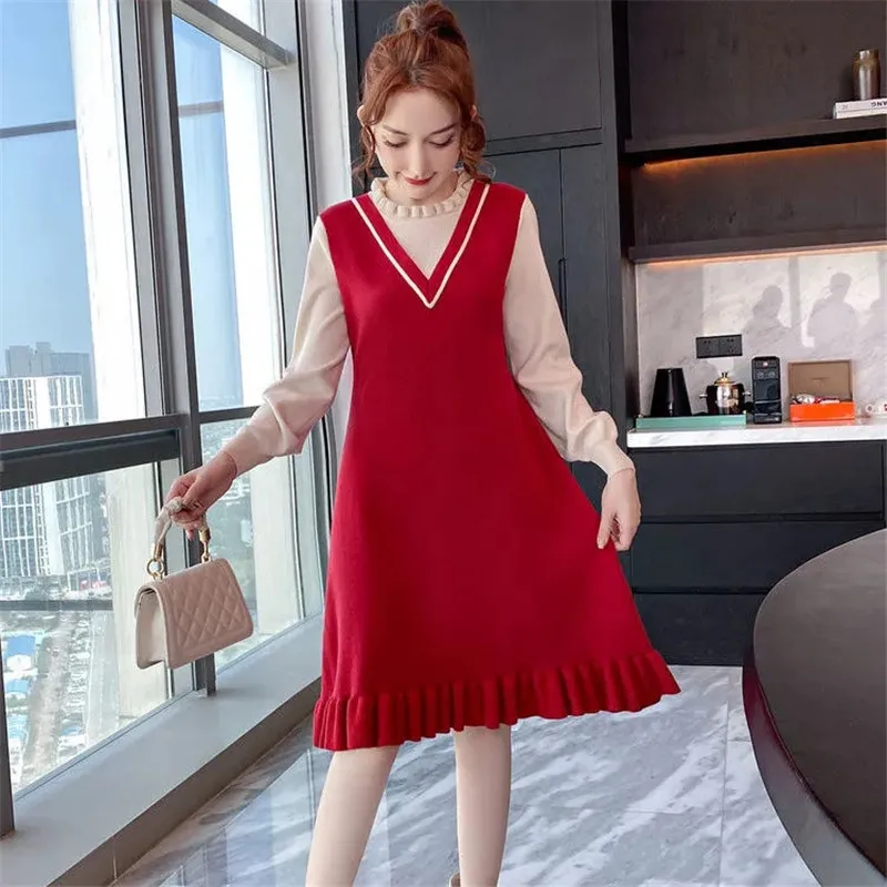 Spring Autumn Women Chic Casual Oversize A-Line Long Sleeve Fake two Sweater Dress Knit Female Knitted office ladies Dress A822