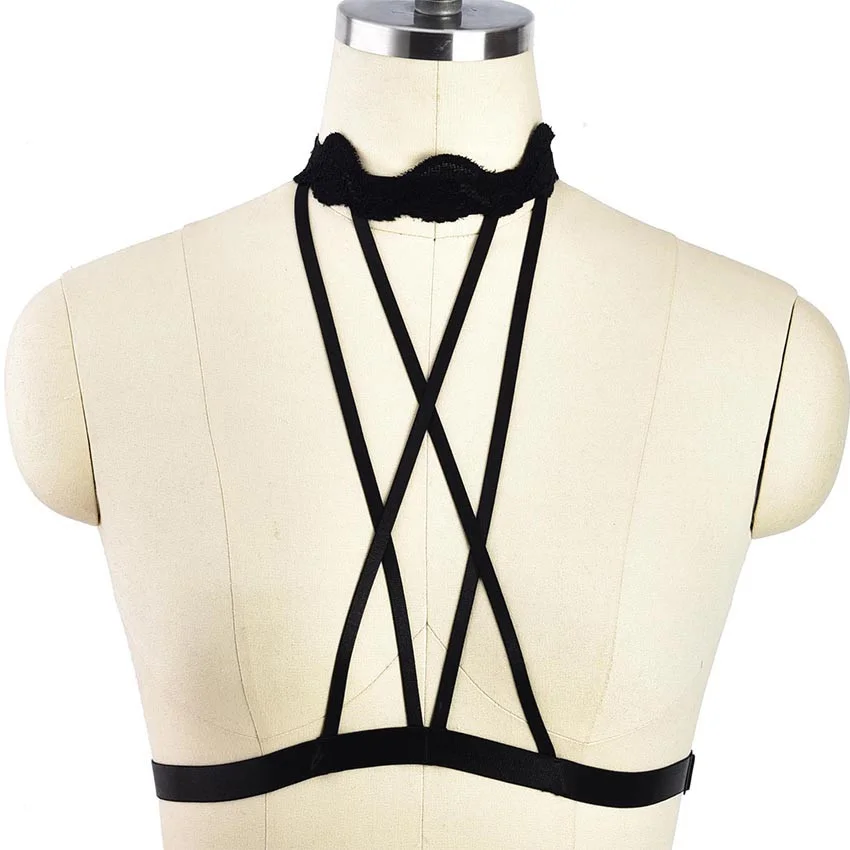 

Wholesale Women Sexy Cross Harness Bra Body Cage Pastel Goth Bondage Lingerie Black Lace Neck Crop Top Body Harness Belt