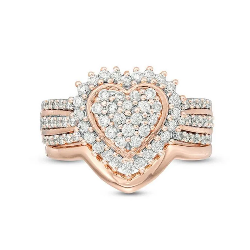 US Size 6-10 Hot Sell Luxury Jewelry 925 Sterling Silver&Rose Gold Fill Double Heart Pave White AAAAA Cubic Zircon Women Ring