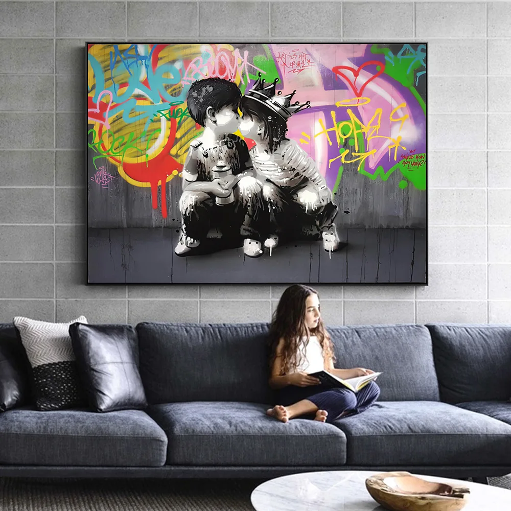 Canvas Painting Graffiti Little Boy Little Girl Kissing Wall Art Deacor Nodic Poster And Print Living Room Decoration Frame